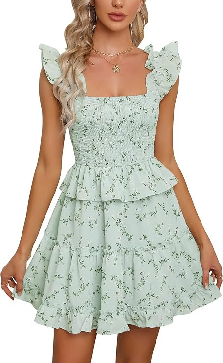 Byinns Women's Summer Mini Beach Boho Sundresses Casual Floral Babydoll Dress Smocked Square Neck... | Amazon (US)