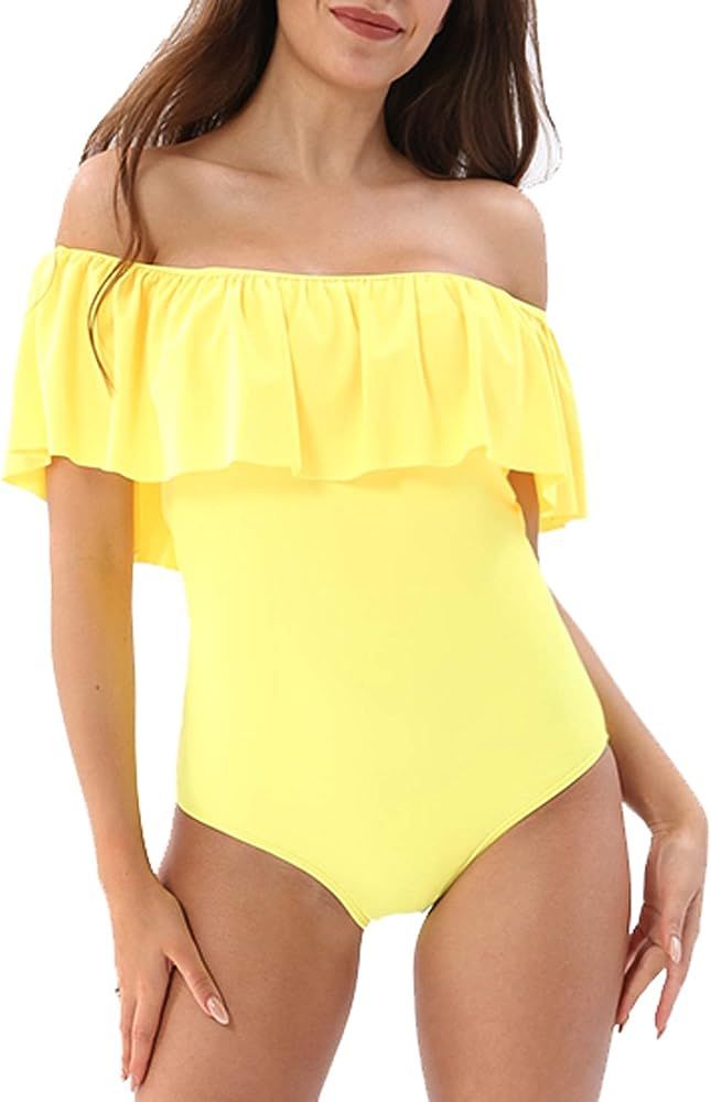 YOLIPULI Womens Flounce Off-Shoulder One-Piece Swimsuits : Solid Color Swimwear Ruffles Beach Bathin | Amazon (US)