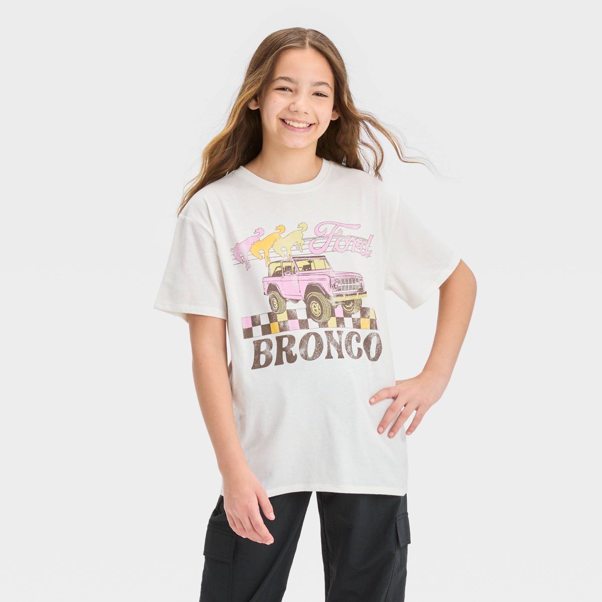 Girls' Short Sleeve Oversized Bronco Graphic T-Shirt - art class™ Off-White | Target