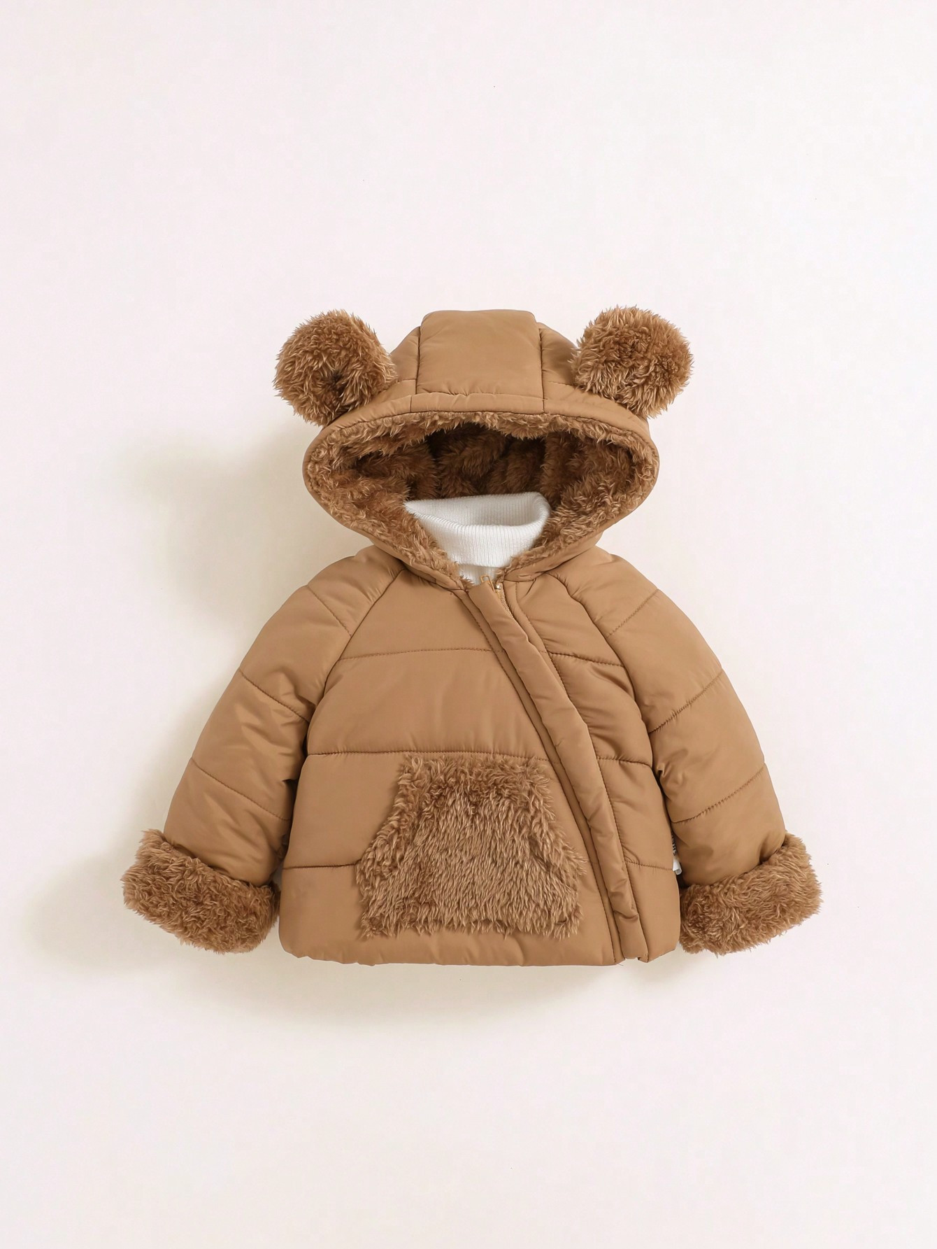 SHEIN Baby Boy 3D Ear Design Hooded Teddy Lined Raglan Sleeve Zipper Puffer Coat | SHEIN
