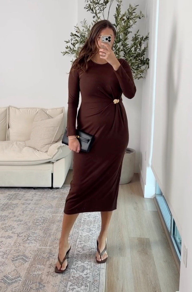 This dress is doing all the work. The rich brown tone, the subtle cinched detail, and that effortless midi length make it feel elevated but still comfortable enough for real life. Easy to dress up or down and such a flattering silhouette.

Keywords:
brown midi dress, fall dress outfit, neutral outfit inspiration, chic everyday dress, long sleeve midi dress, capsule wardrobe piece, minimalist style, elevated basics, dress with waist detail, effortless outfit idea

#LTKWorkwear #LTKWedding #LTKMidsize