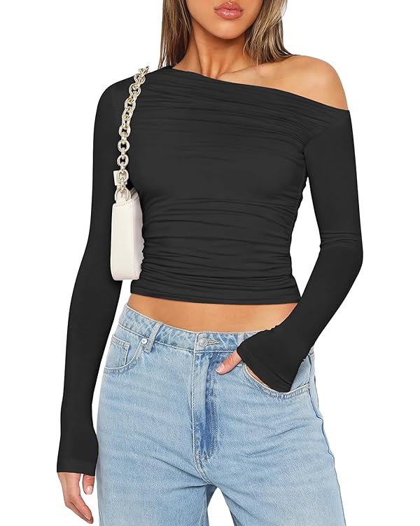 Zeagoo Womens Long Sleeve Off The Shoulder Casual Crop Tops Boat Neck Going Out Slim Fit Y2K T Sh... | Amazon (US)