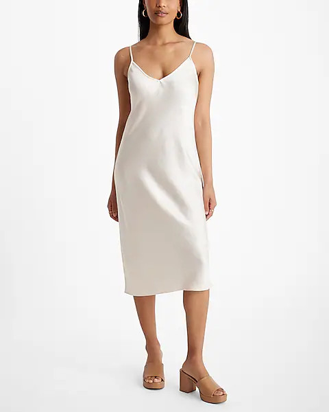 Satin V-neck Downtown Cami Midi Slip Dress | Express