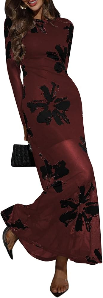Verdusa Women's Floral Mesh Maxi Dresses Long Sleeve Elegant Formal Fall Wedding Guest Dress Cock... | Amazon (US)