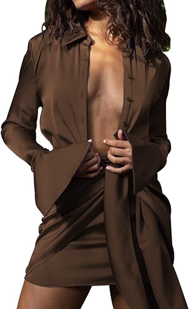 SHESEEWORLD Women's Sexy Long Sleeve V Neck Button Tie Waist Bodycon Satin Wrap Club Party Mini D... | Amazon (US)
