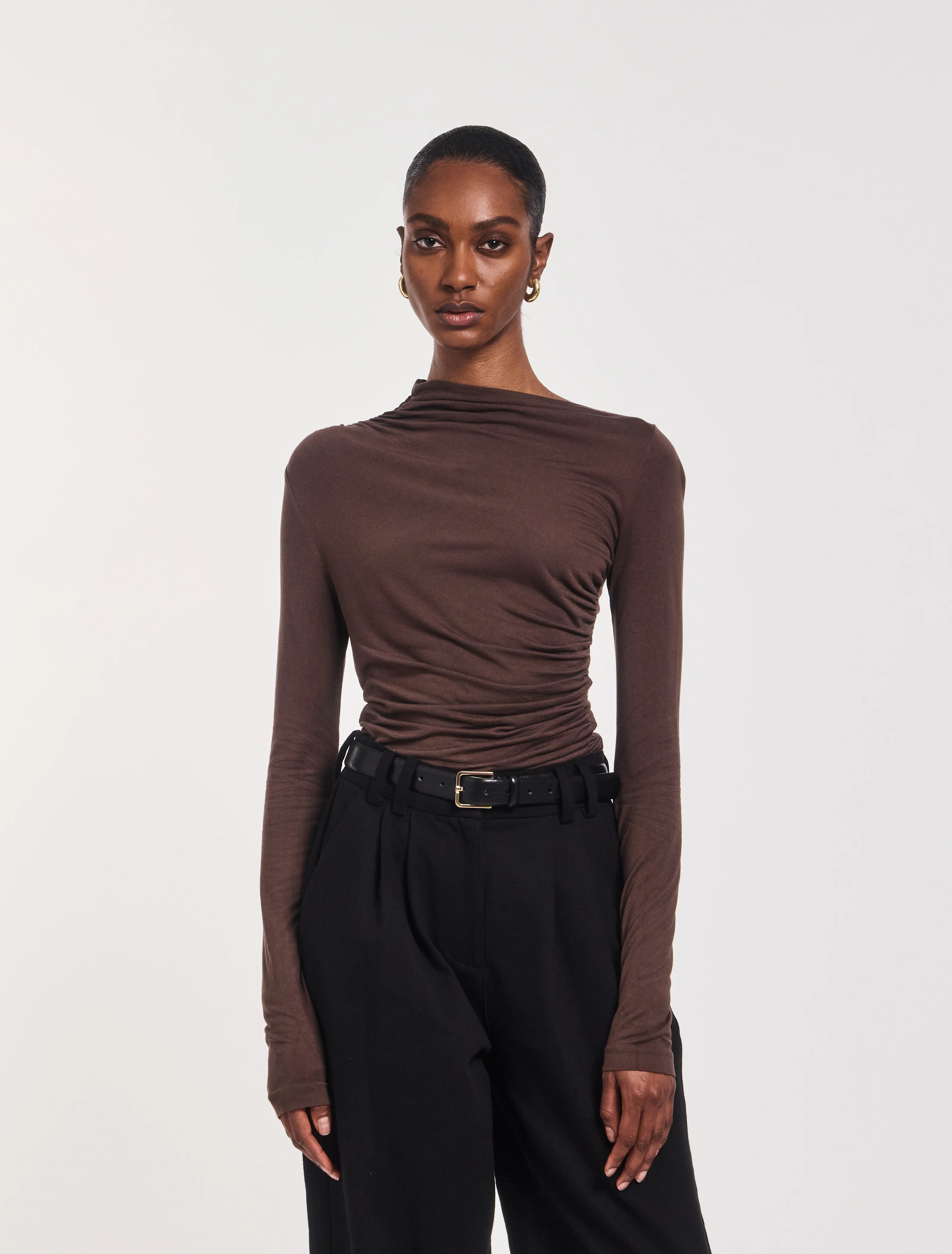 Iphis Draped Long Sleeve Top in Bracken | NinetyPercent