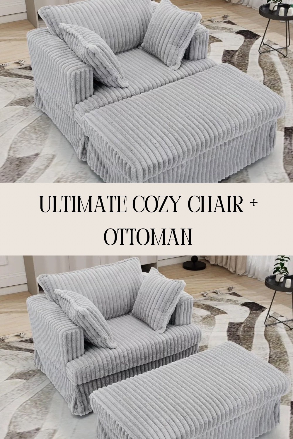 This oversized corduroy lounge chair with ottoman is the definition of cozy living. The plush ribbed texture, soft cushions, and versatile ottoman make it perfect for reading, relaxing, or even napping. Its neutral grey tone blends effortlessly into any modern or minimalist home. A great choice for small spaces or as a statement chair in your living room.