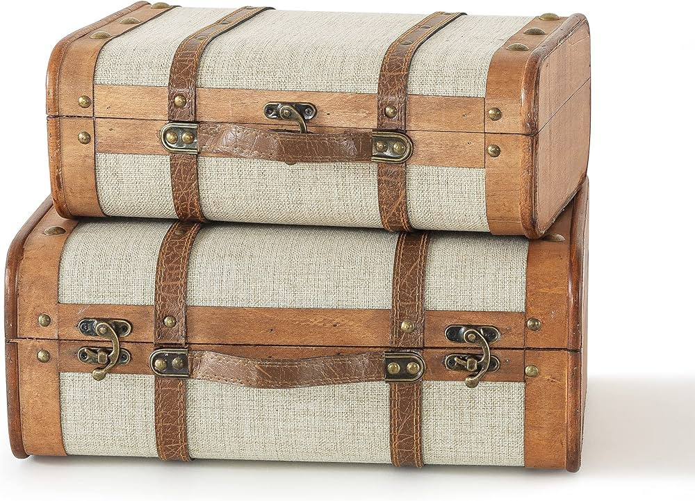 SLPR Decorative Wooden Storage Chest - Set of 2 | Wood Trunk Suitcase with Straps (Beige) | Antiq... | Amazon (US)
