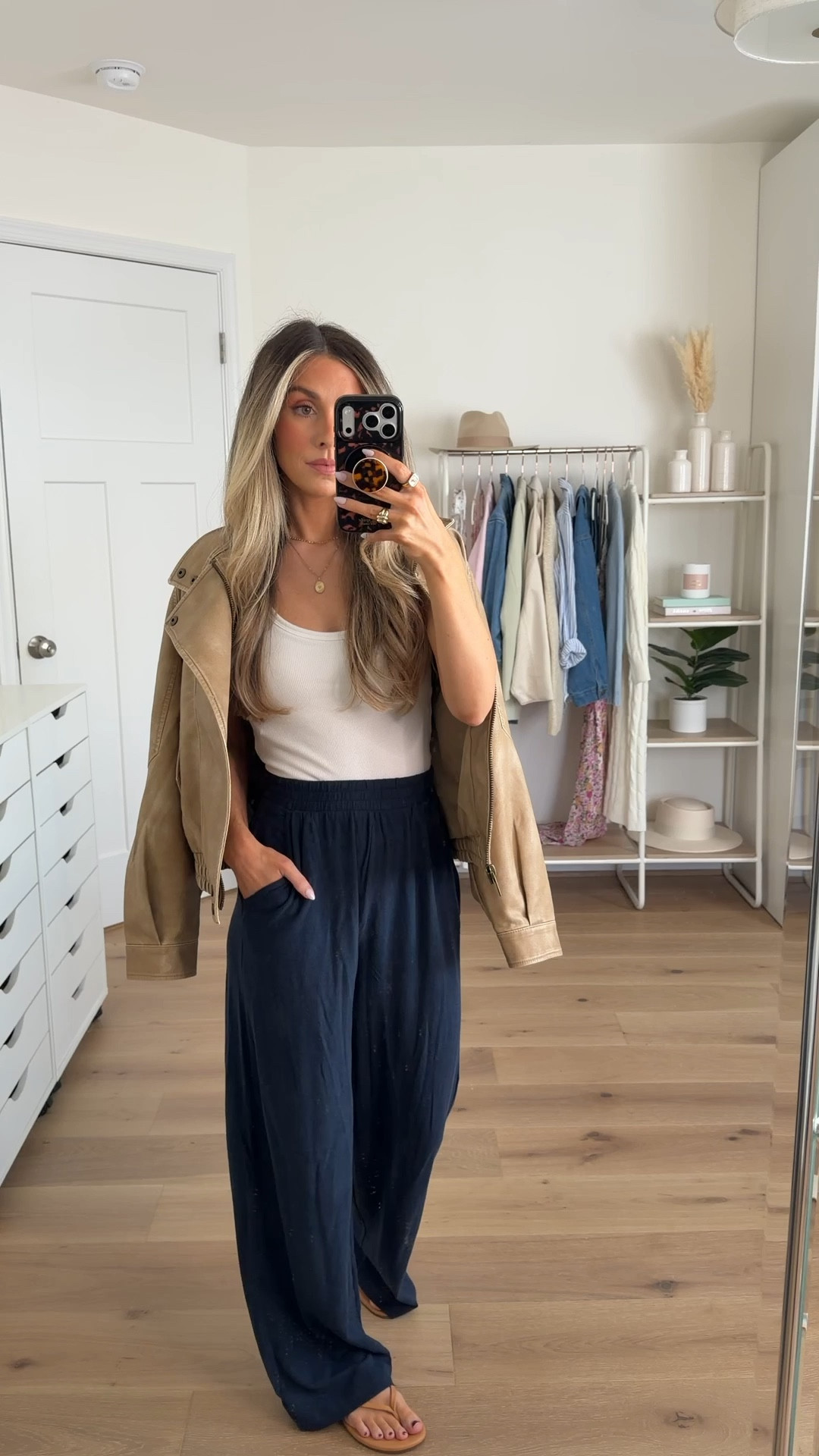 Elevated casual spring outfit 
+ tan jacket: xxs 
+ tank top: xs
+ wide leg lounge pants: xxs 

#LTKSaleAlert #LTKootd #LTKSeasonal