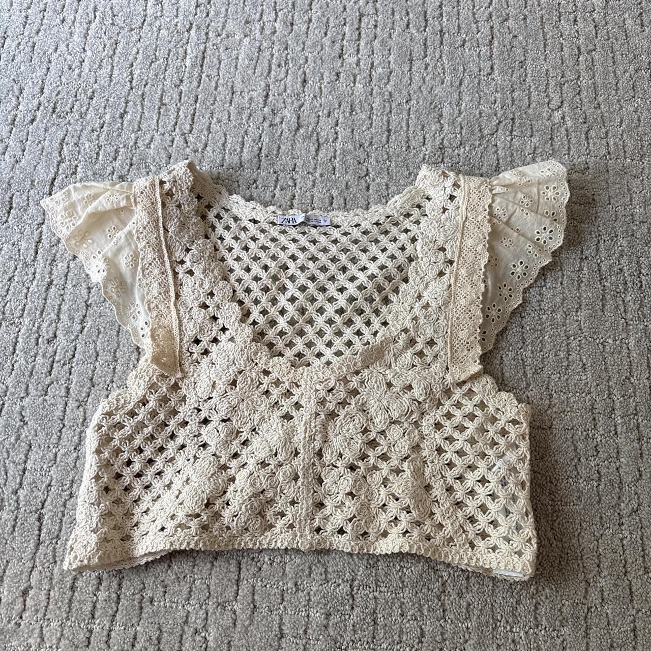 Zara Cream crochet crop top with floral and... | Depop US