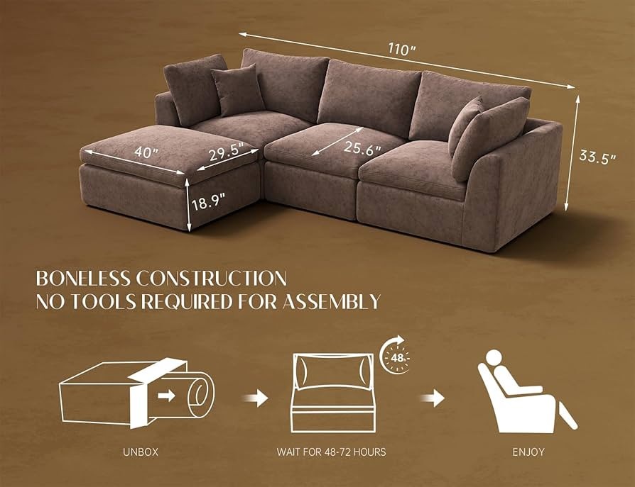 110" Cloud Sectional Couches for Living Room, Boneless L-Shape Couch with Ottoman, 3 Seater Modul... | Amazon (US)