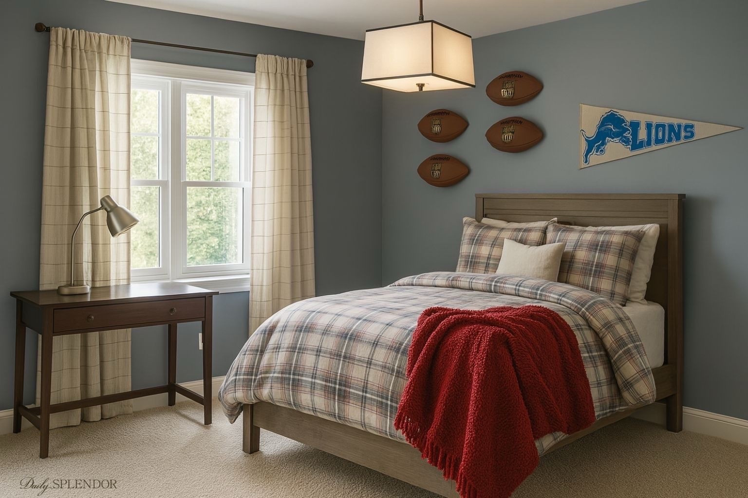 A timeless boy's bedroom design for a refresh of his space. Not a football player? Incorporate any other sport decor as needed! #boysbedroom #teenboybedroom #bluepaint #boyscomforter  #kidsdesk #writingdesk #plaidquilt #boysroom

#LTKHome #LTKKids