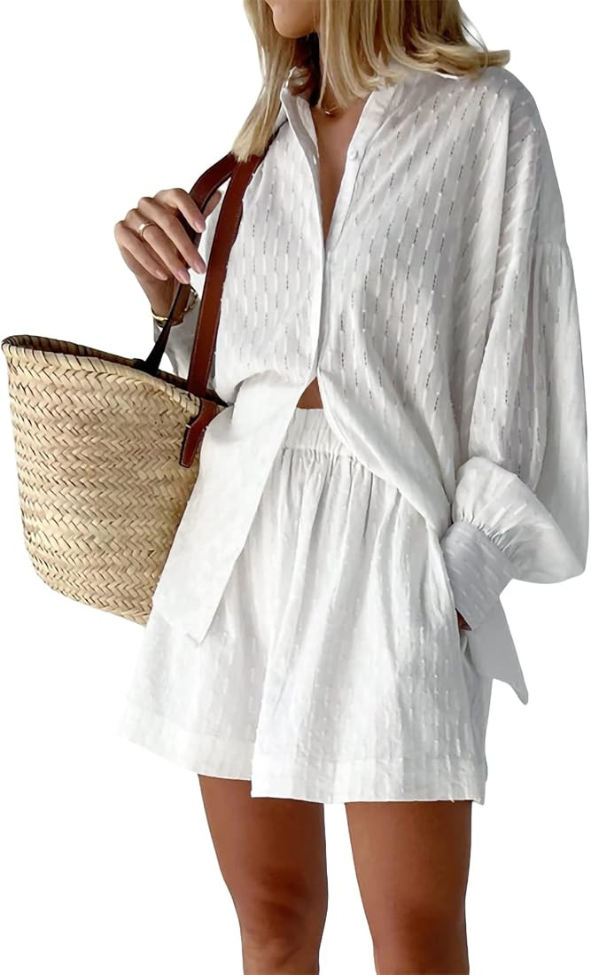 Yassiglia Women's Summer 2Pcs Outfit Sets Long Sleeve Lapel Button Down Shirt + Wide Leg Shorts S... | Amazon (UK)