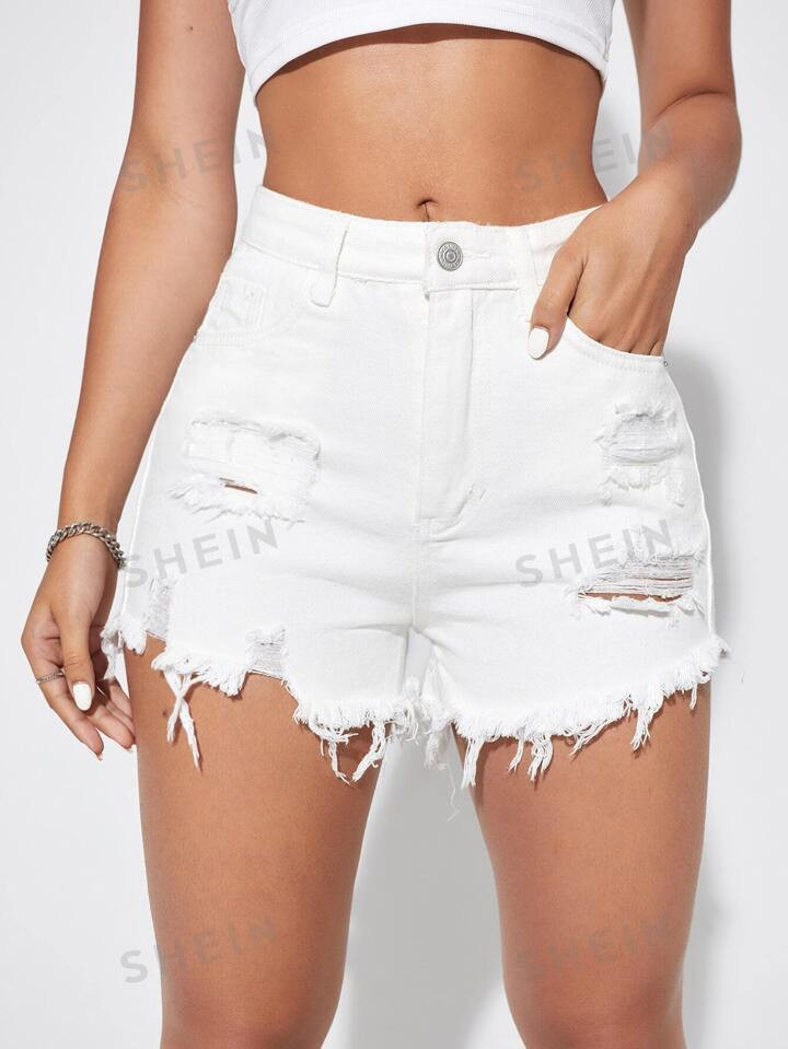 SHEIN Essnce Raw Hem Ripped Denim Shorts | SHEIN