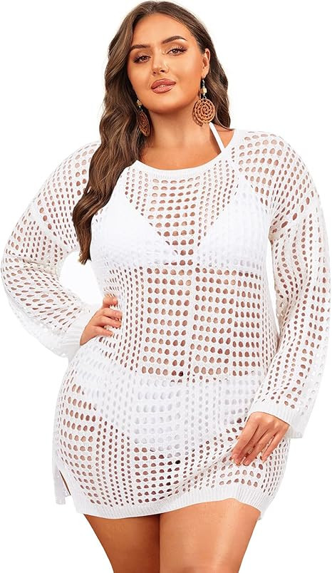 Aqua Eve Women's Plus Size Swimsuit Cover Up - Crochet Bathing Suit Coverups 2025 Long Sleeve Swi... | Amazon (US)