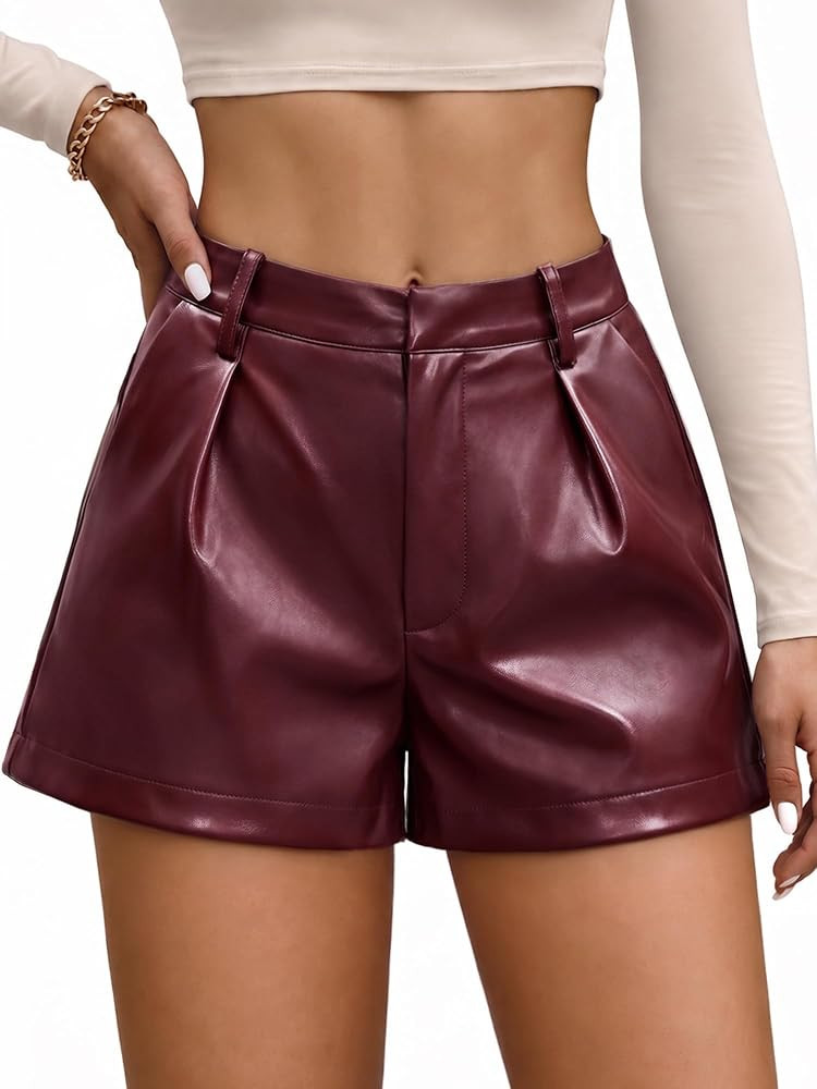 ELLEVEN Wide Leg Pleated PU Faux Leather Shorts for Women | Amazon (US)
