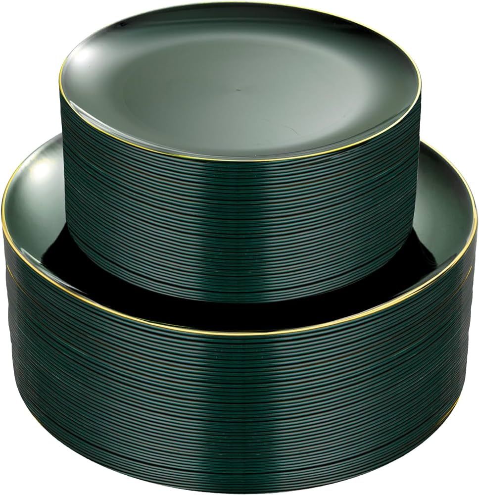 PULOTE 100PCS Green Plastic Plates - Green Disposable Plates With Gold Rim - Green Plates Disposa... | Amazon (US)