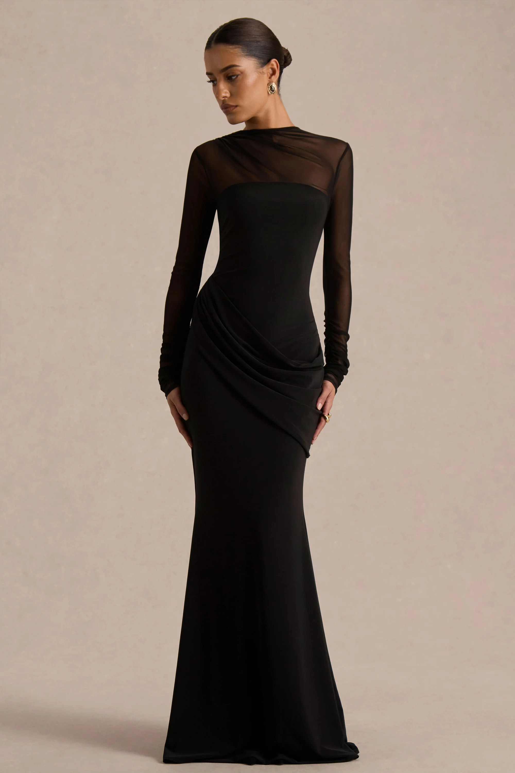 Deema  Black Jersey And Mesh High Neck Maxi Dress | Club L London