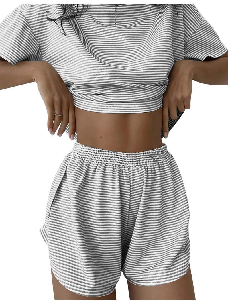 TEMOFON Women's 2 Piece Striped Lounge Set, Summer Casual Comfy Short Sleeve Top & Matching Short... | Walmart (US)