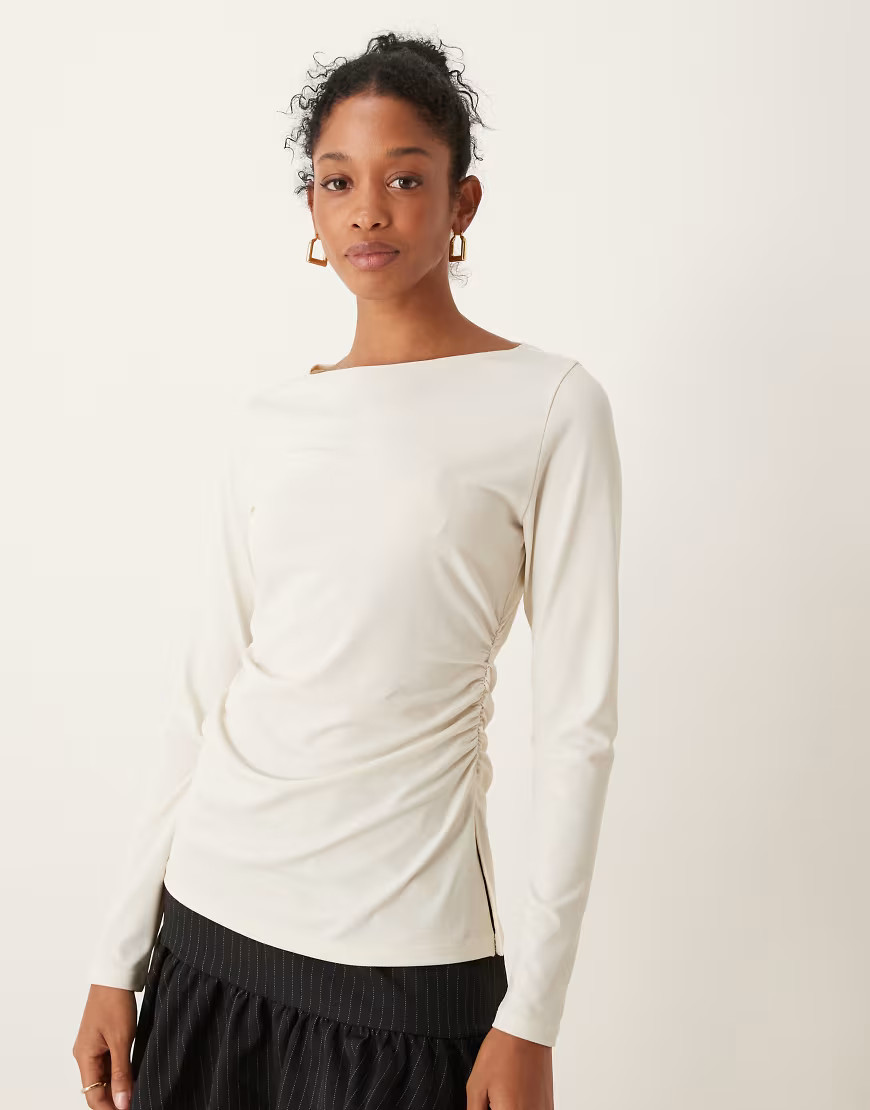 Abercrombie & Fitch long sleeve top with slash neck in cream-White | ASOS (Global)