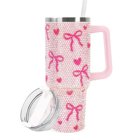 Pink Bow Tumbler with Lid and Straw 40oz Rhinestone Bowknot Heart Tumbler with Handle Stainless Steel Cup for Home Office Travel | Walmart (US)
