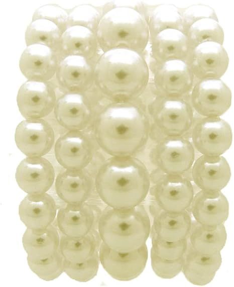 Women's Simulated Pearl Stretch Bracelet Stack 5 Piece Set (Cream) | Amazon (US)