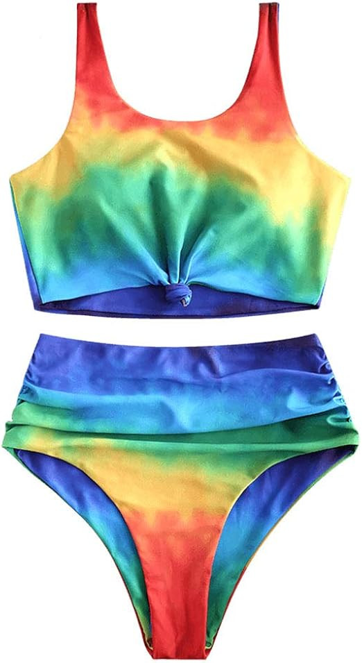 ZAFUL Tie Dye Knot Swimwear Ruched High Waisted Tankini Tank Top Swimsuit Rainbow Bikini | Amazon (US)