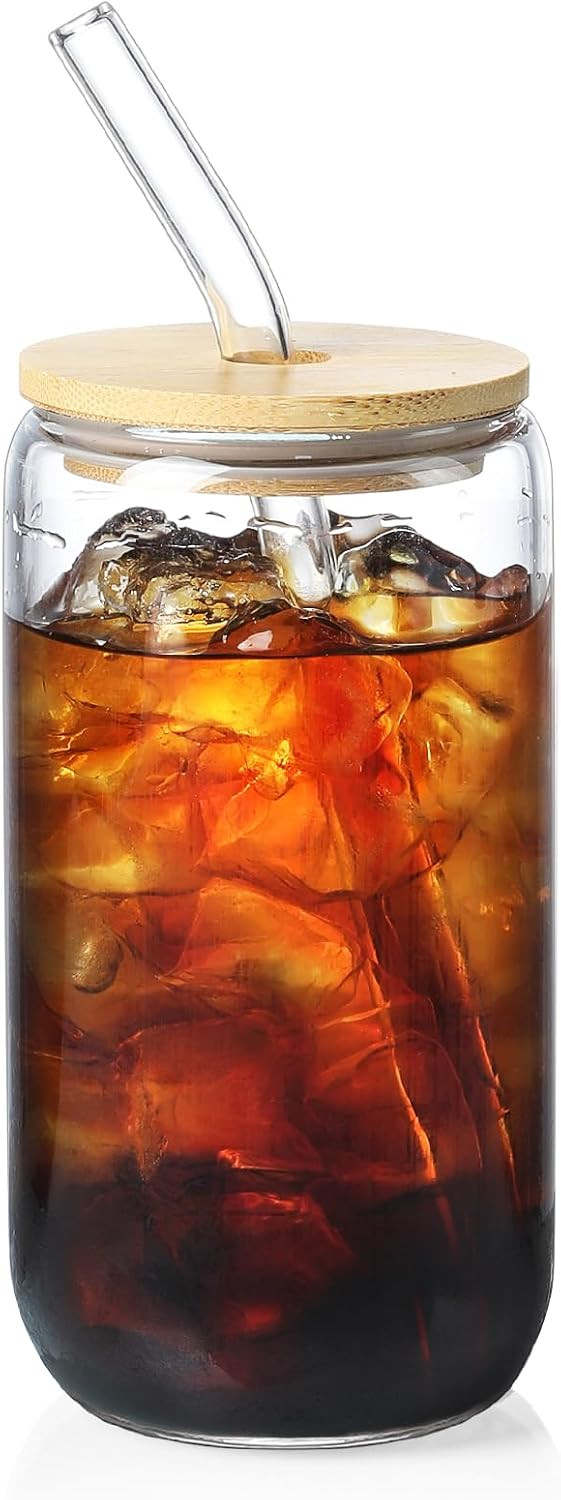 NETANY 1 Pack Glass Cups with Bamboo Lids and Straws 16 oz, Gifts for Women, Drinking glasses set, Iced Coffee, Tea Cup, Cute Aesthetics Tumbler Cup, Mothers Day, Birthday Gifts for Her Mom | Amazon (US)