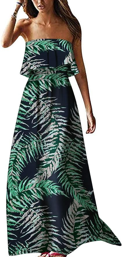 ZMPSIISA Women's Summer Off The Shoulder Maxi Dress Ruffle Strapless Blue White Porcelain Boho Ca... | Amazon (US)