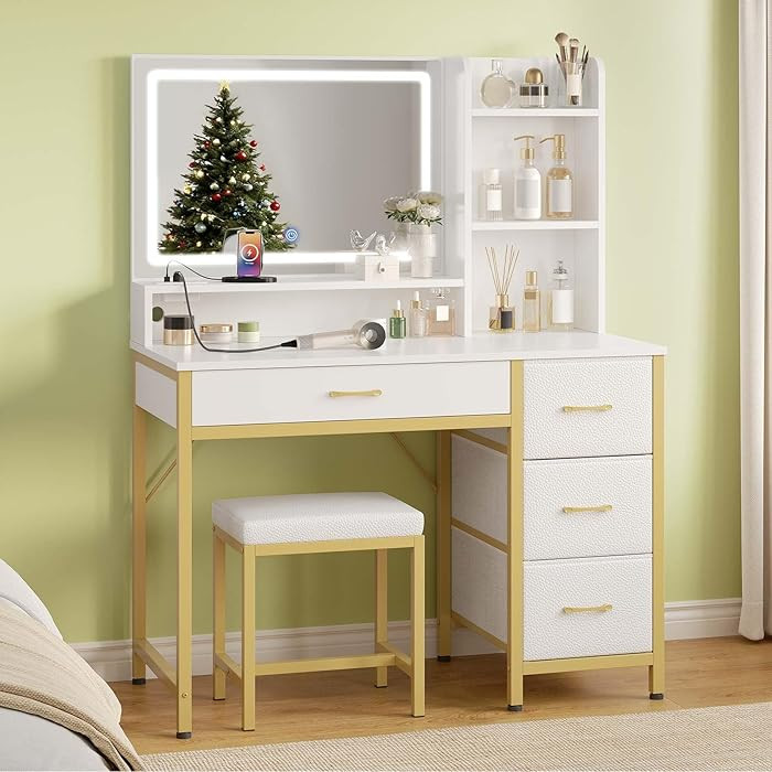 GREENSTELL Vanity Desk with Mirror and Lights, Makeup Vanity Table with Upholstered Stool, 4 Draw... | Amazon (US)