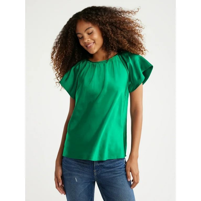 Free Assembly Women's Satin Flutter Sleeve Top, Sizes XS-XXXL | Walmart (US)