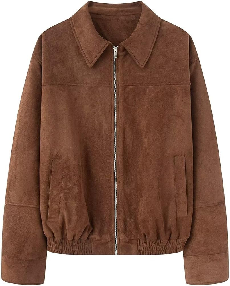 Xunger Women's Faux Suede Collar Pilot Jacket Oversized Casual Ribbed Hem Coat Vintage Streetwear... | Amazon (US)