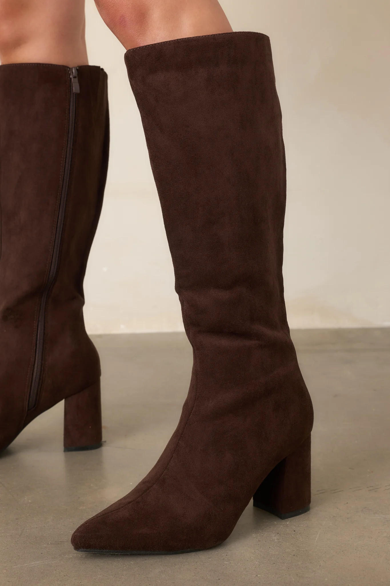 Stepping Out Dark Brown Faux Suede Knee High Boots | Red Dress