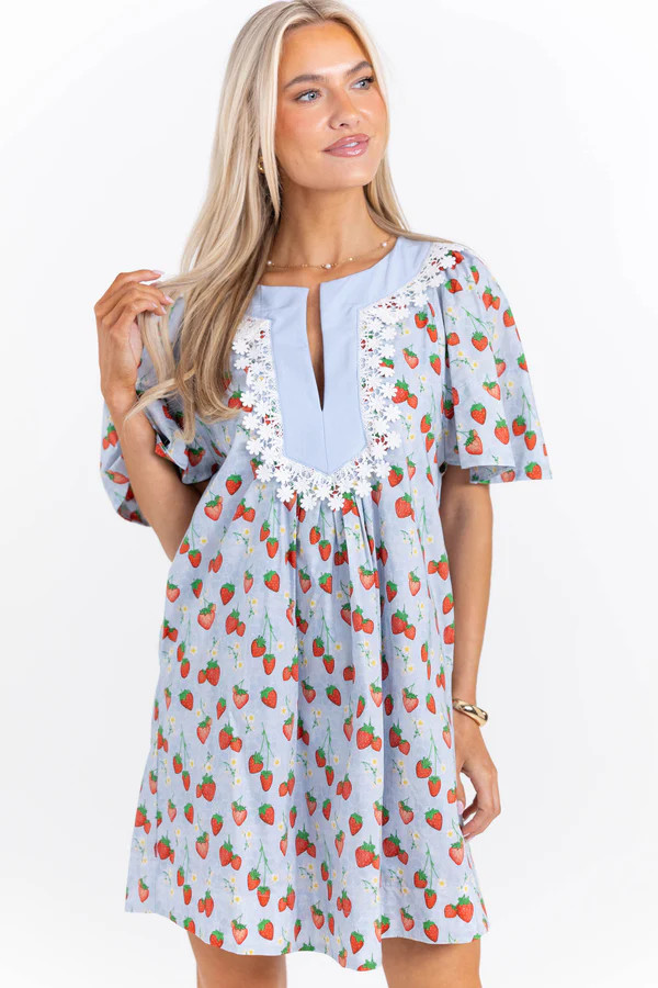 Just A Theory Light Blue Strawberry Printed Dress | The Mint Julep Boutique