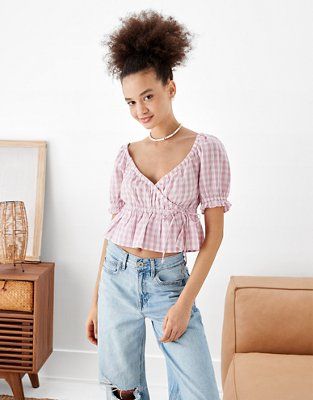 AE Wrap Babydoll Blouse | American Eagle Outfitters (US & CA)