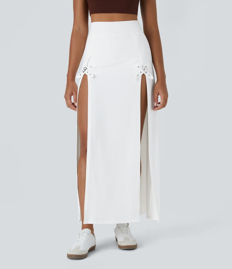 Women’s High Waisted Decorative Buckle Split 2-in-1 Maxi Casual Skirt - Halara | HALARA