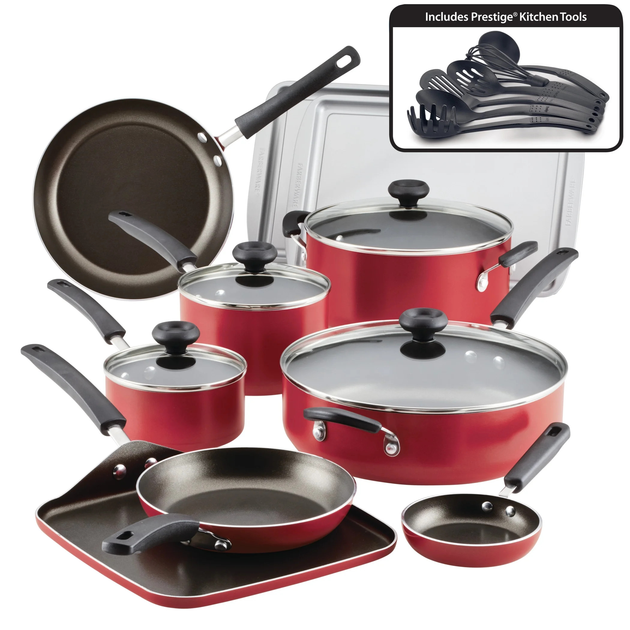 Farberware 20-Piece Easy Clean Aluminum Nonstick Cookware Pots and Pans Set, Red - Walmart.com | Walmart (US)