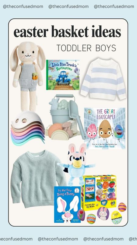 Easter basket ideas for toddler boys! Cuddle kind bunny doll, Little Blue Truck’s Springtime book, silicone beach toys, The Great Eggscape book, creative play toys, blue boys sweaters, Easter Bluey, It’s Not Easy Being a Bunny book, hide and seek rock painting kit. 

#LTKfamily #LTKkids #LTKSeasonal