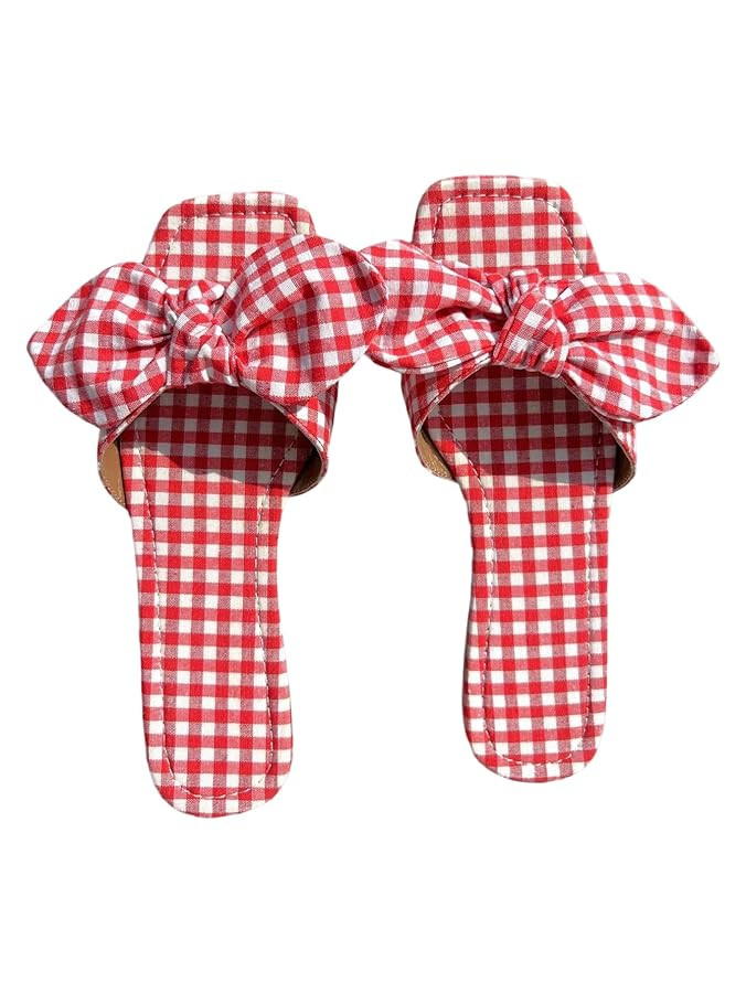 Verdusa Women's Gingham Y2K Plaid Bow Sandals Summer Vacation Leather Flat Sandals | Amazon (US)