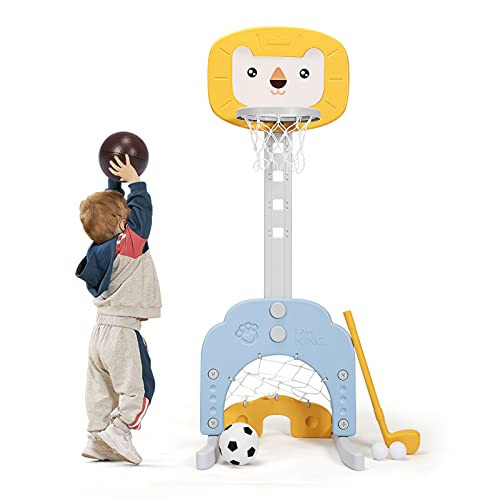 AKUSTIK 3 in 1 Toddlers Basketball Hoop Stand, Adjustable Height Sports Center with Basketball Soccer Golf Game Set, Portable Indoor Outdoor Activity Playset Gift for Kids 1-3 (Yellow) | Amazon (US)