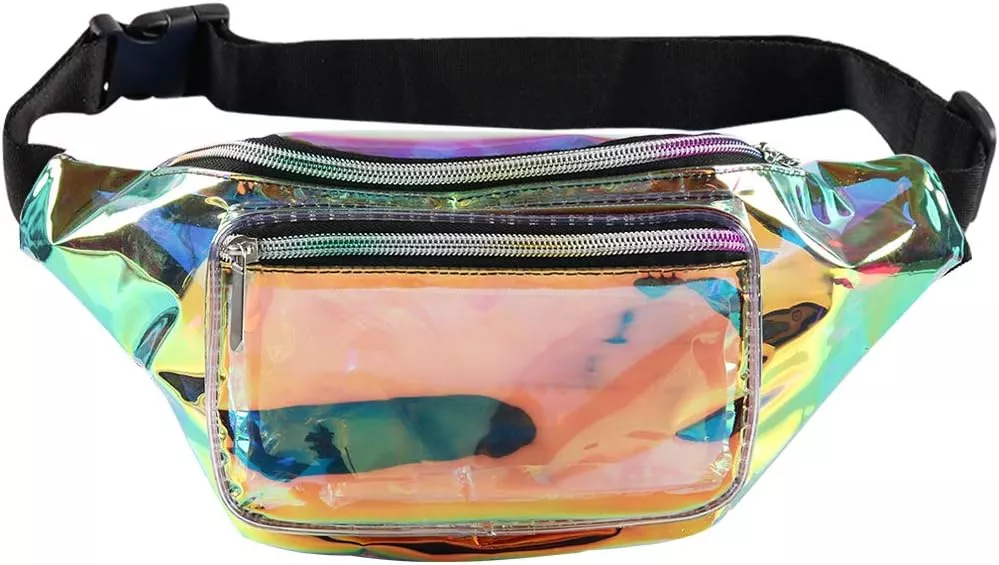  Blue Holographic Fanny Pack– 80S 90S Clothing Accessories  Fashion Rave Waist Bag with Adjustable Belt for Women and Men -Shiny Neon  Blue