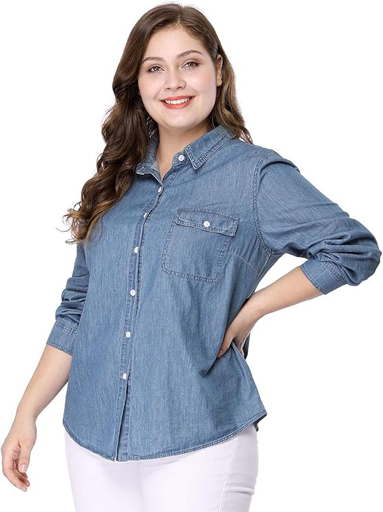 Agnes Orinda Women's Plus Size Button Down Long Sleeve Chest Pocket Chambray Shirts 2024 | Amazon (US)