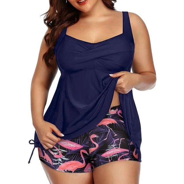Women's Plus Size Ruched Tankini Swimsuit Flowy 2 Piece Tummy Control Bathing Suits with Shorts | Walmart (US)