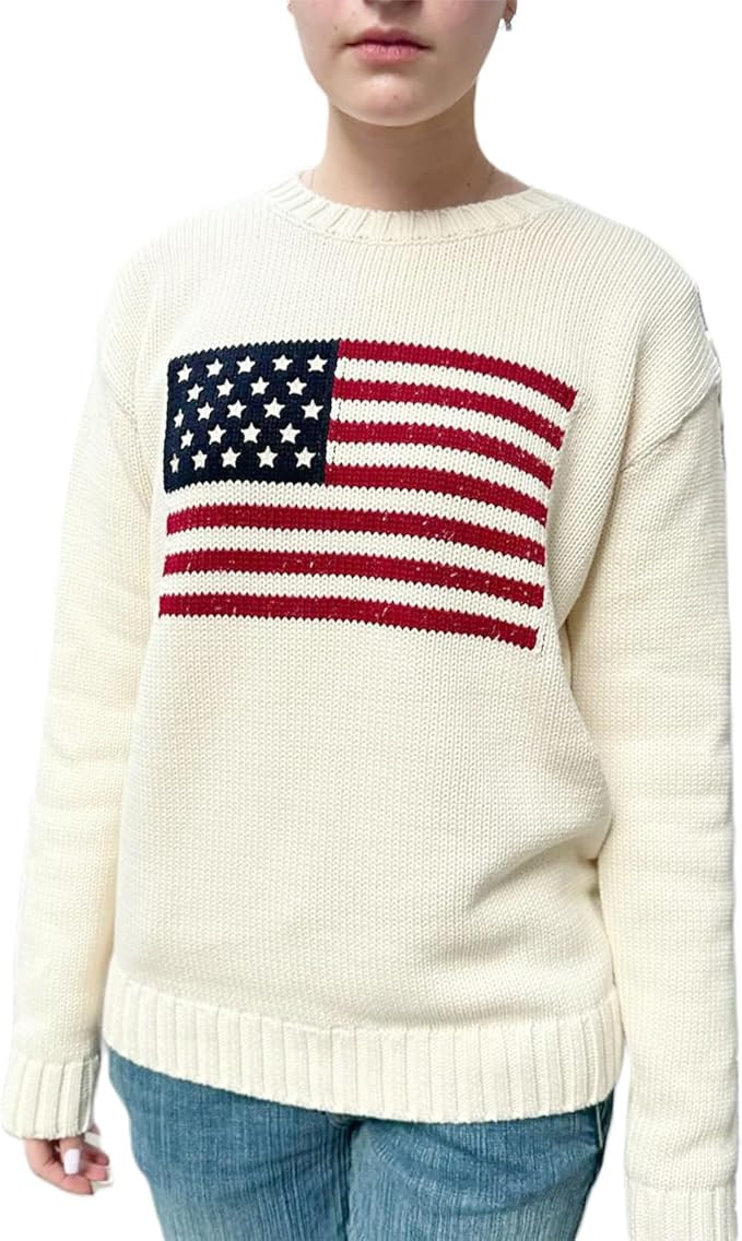 Women American Flag Sweater Long Sleeve Crew Neck Loose Fit Knit Pullover Tops USA Casual Loose P... | Amazon (US)