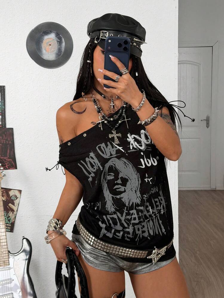 Coolane Women's Summer Y2K Streetwear Casual Music Festival Grunge Graphics Grommet Eyelet Black Off Shoulder T-Shirt | SHEIN