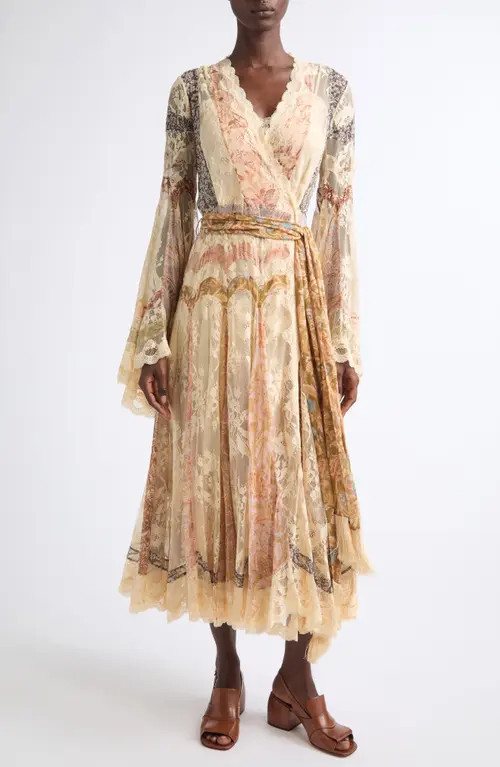 Zimmermann Valiant Floral Long Sleeve Silk & Lace Wrap Dress in Spliced Floral at Nordstrom, Size 0 | Nordstrom