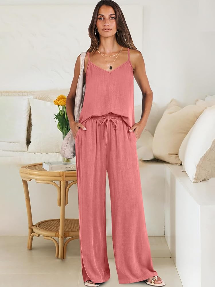 ANRABESS Women's 2 Piece Linen Lounge Set Casual Matching Pants Jumpsuit Summer Beach Travel Vaca... | Amazon (US)