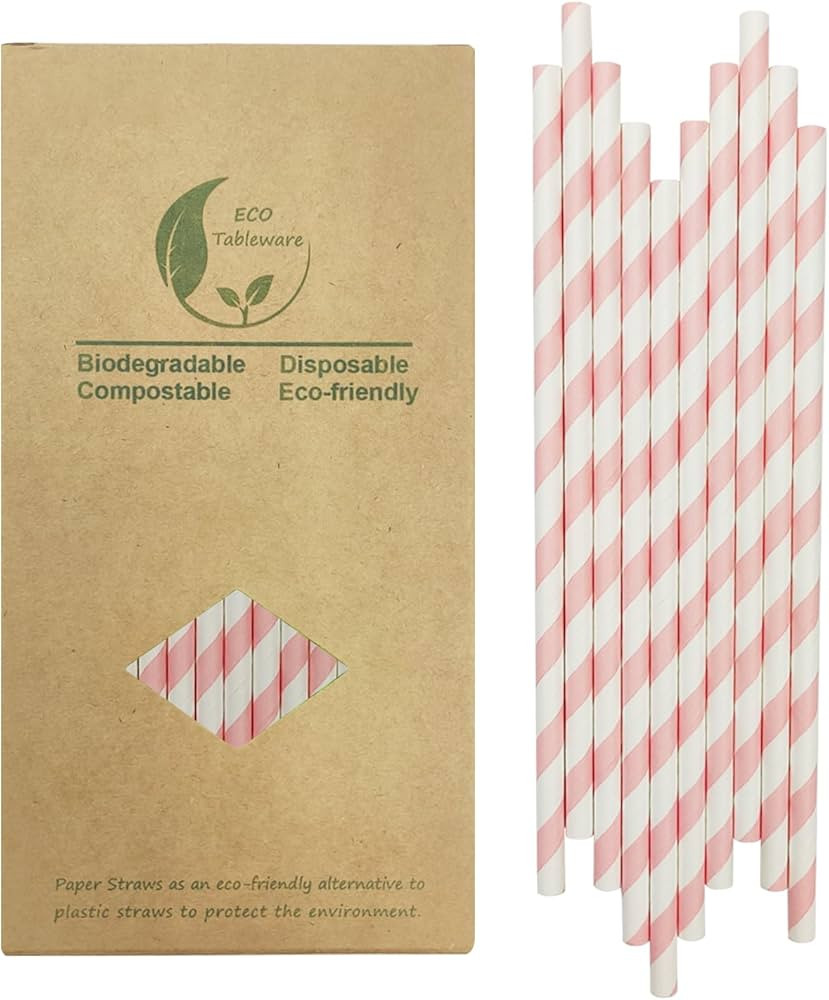 Biodegradable Pink Striped Paper Straws, 100 Pack Princess Cute Girl Baby Shower Straws for Cake ... | Amazon (US)