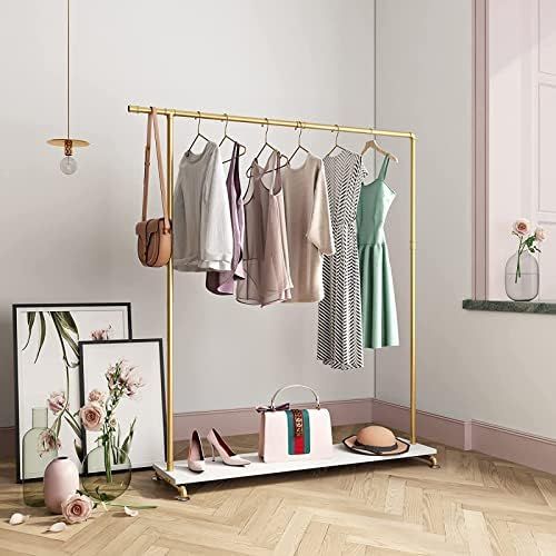 Gold Clothing Rack Pipe Clothes Rack with Wooden Shelf Display Racks Storage Rack for Store or Ho... | Amazon (US)