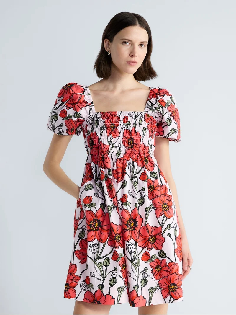 Free Assembly Women's and Women's Plus Smocked Cotton Peasant Mini Dress with Puff Sleeves, Sizes... | Walmart (US)